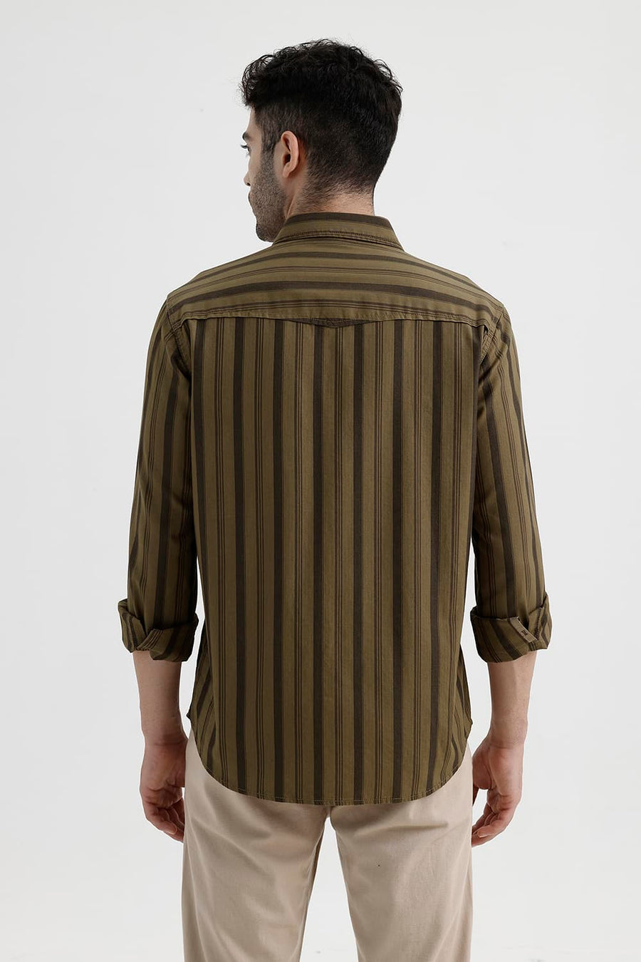 BASICS SLIM FIT KANGAROO KHAKI COTTON HERRING BONE STRIPE SHIRT