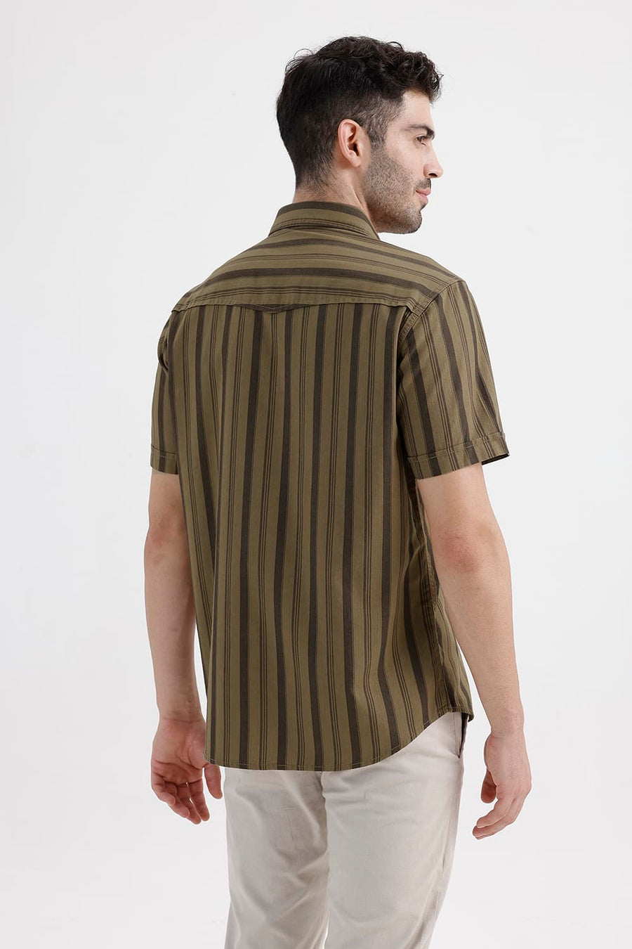 BASICS SLIM FIT KANGAROO KHAKI COTTON HERRING BONE STRIPE HALFSLEEVES SHIRT