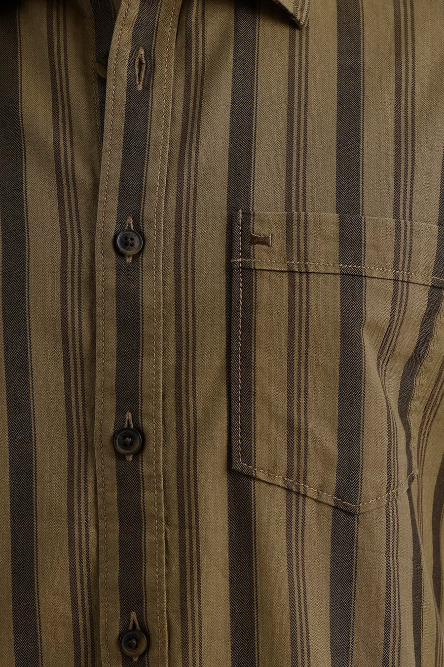 BASICS SLIM FIT KANGAROO KHAKI COTTON HERRING BONE STRIPE SHIRT