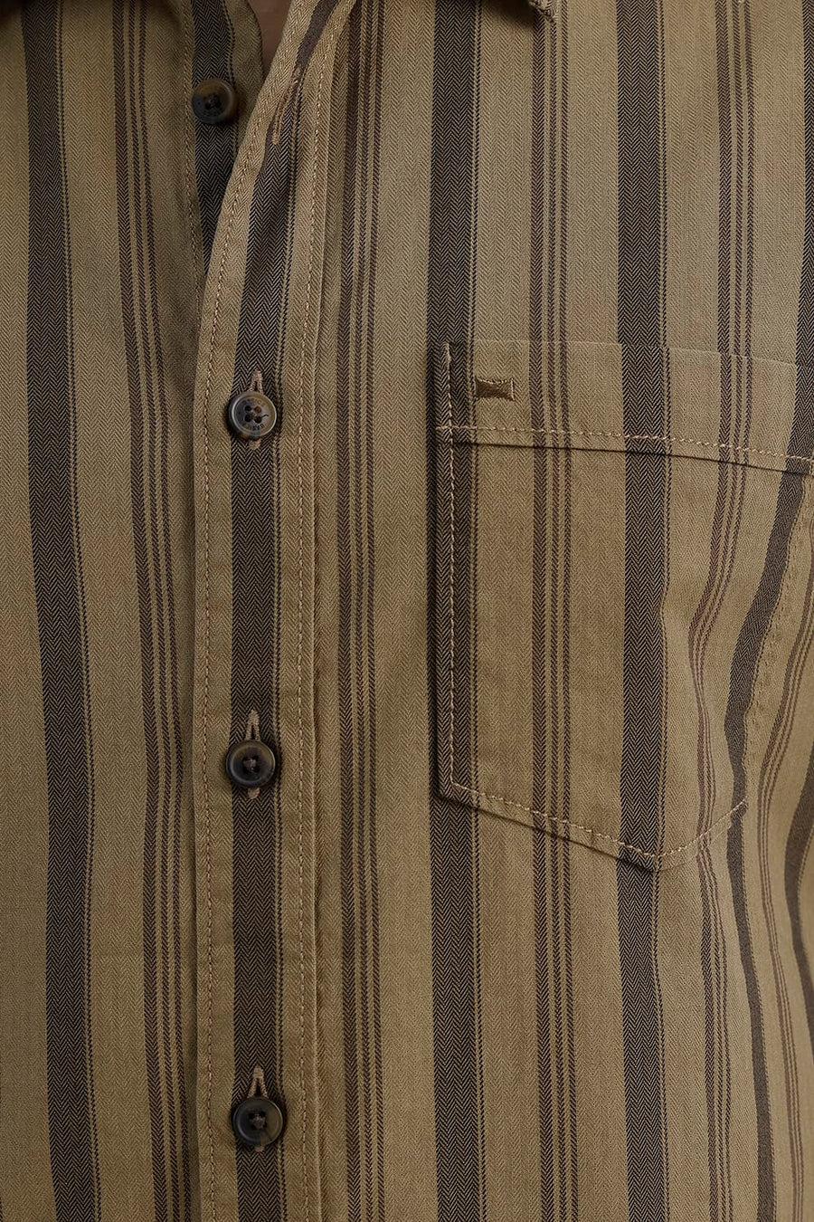 BASICS SLIM FIT KANGAROO KHAKI COTTON HERRING BONE STRIPE HALFSLEEVES SHIRT