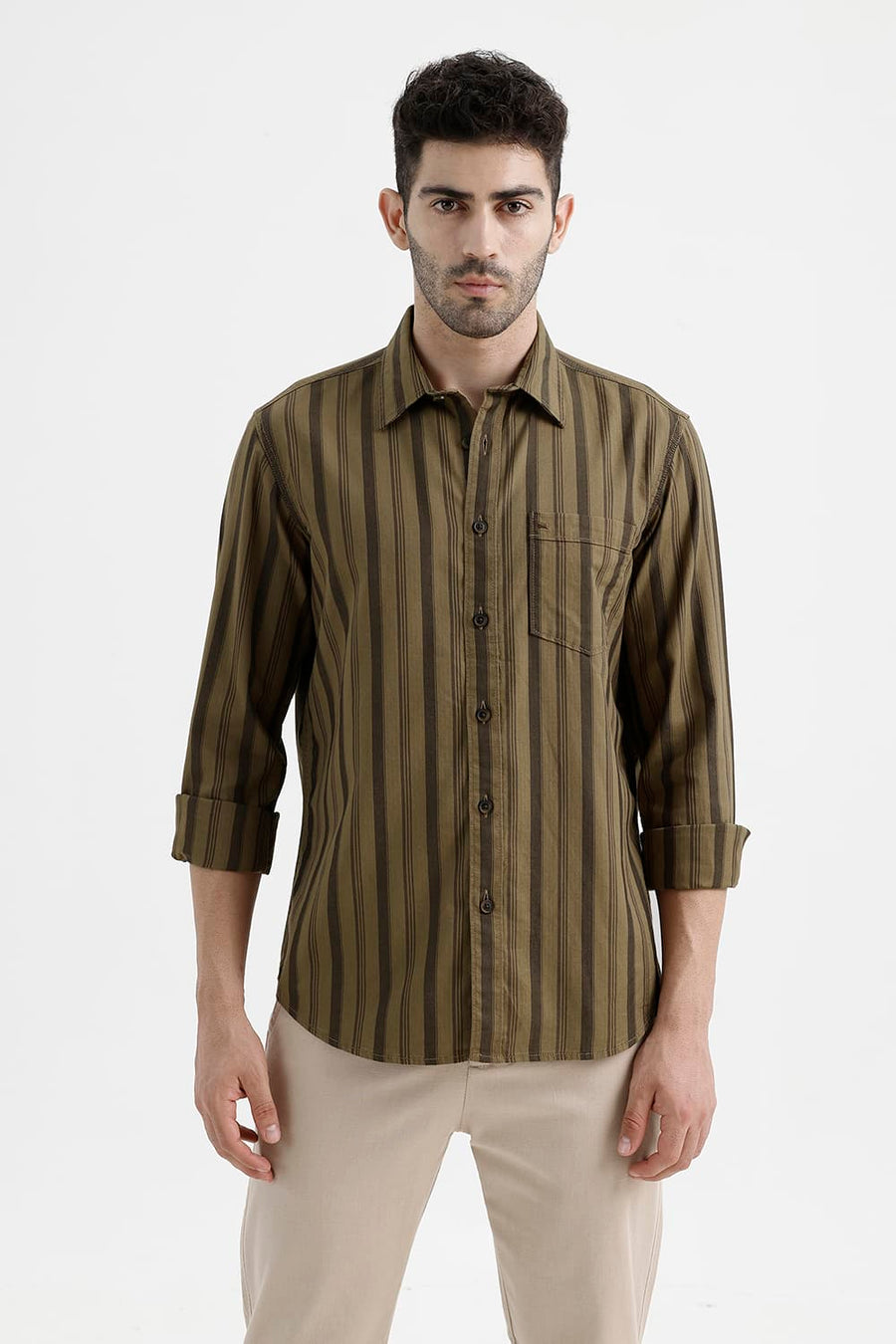 BASICS SLIM FIT KANGAROO KHAKI COTTON HERRING BONE STRIPE SHIRT