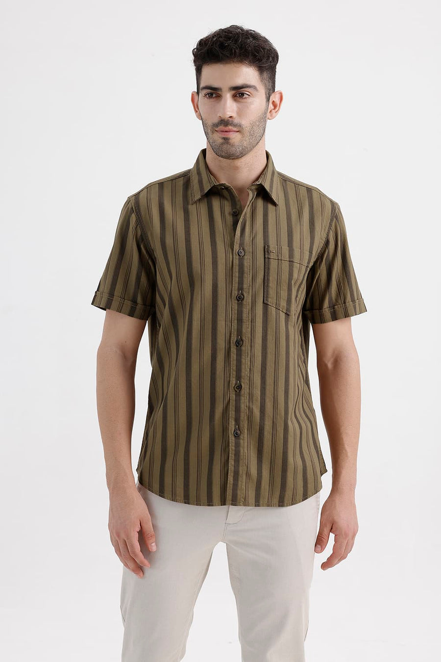 BASICS SLIM FIT KANGAROO KHAKI COTTON HERRING BONE STRIPE HALFSLEEVES SHIRT