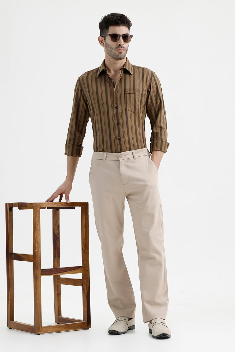 BASICS SLIM FIT KANGAROO KHAKI COTTON HERRING BONE STRIPE SHIRT