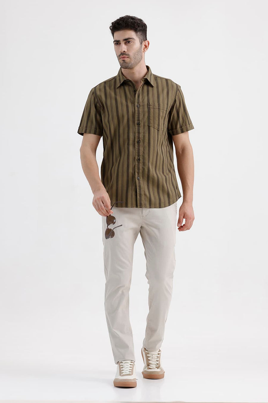 BASICS SLIM FIT KANGAROO KHAKI COTTON HERRING BONE STRIPE HALFSLEEVES SHIRT