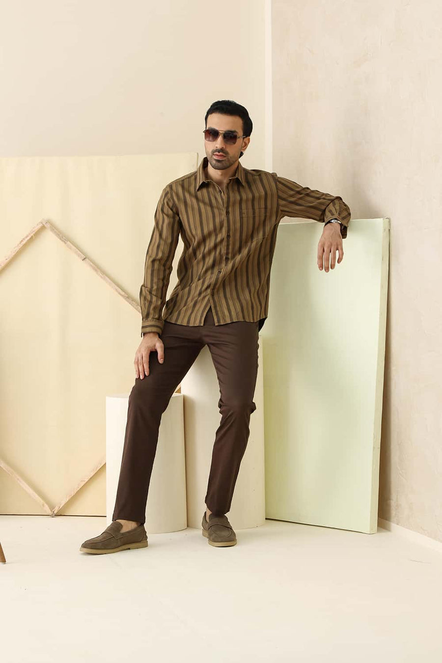 Basics Slim Fit Kangaroo Khaki Cotton Herring Bone Stripe Shirt