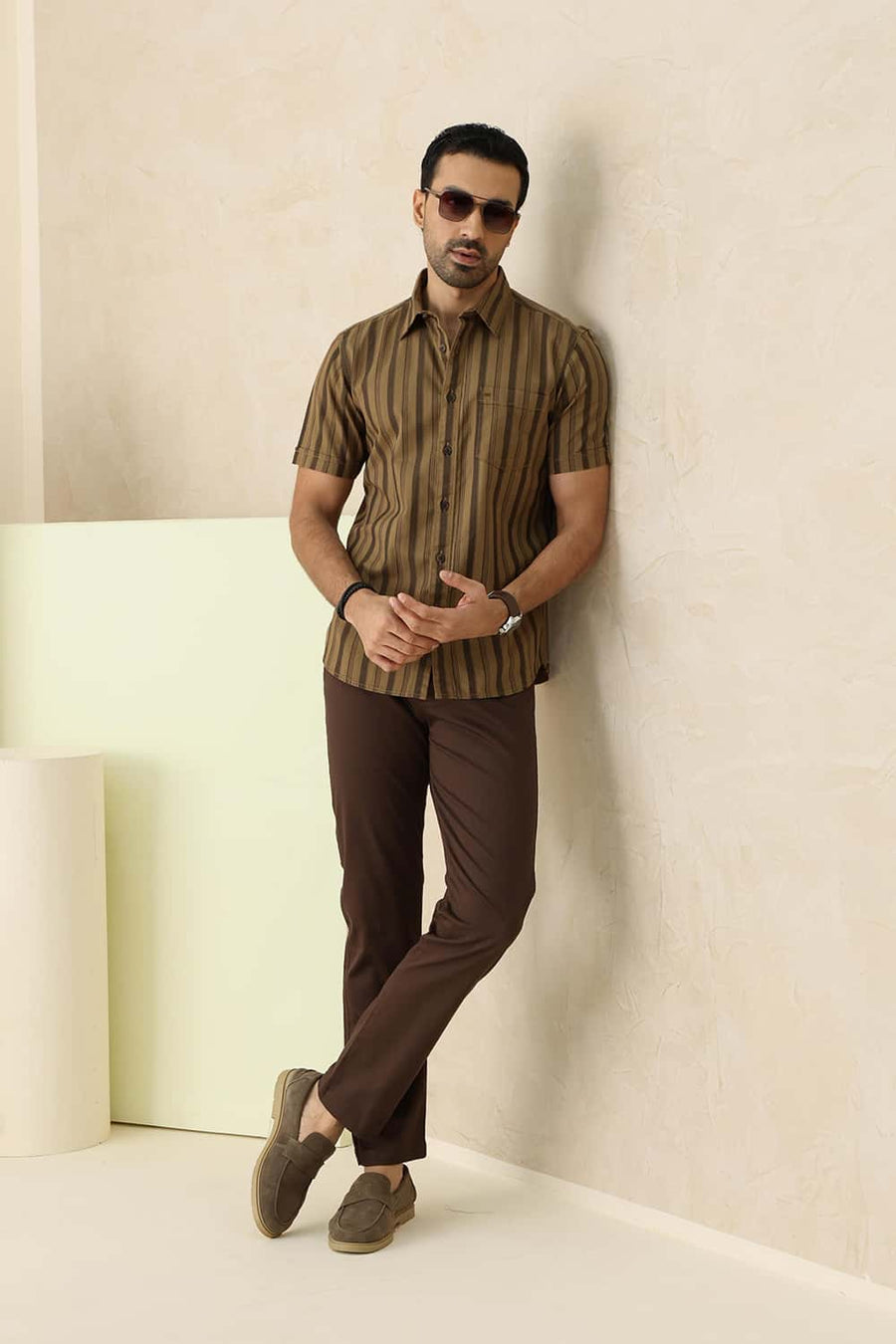Basics Slim Fit Kangaroo Khaki Cotton Herring Bone Stripe Halfsleeves Shirt