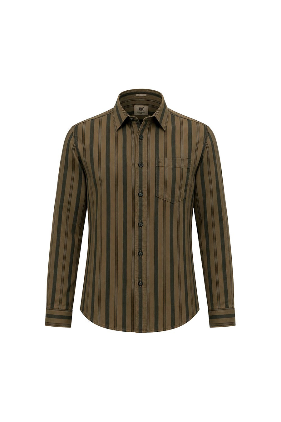BASICS SLIM FIT KANGAROO KHAKI COTTON HERRING BONE STRIPE SHIRT