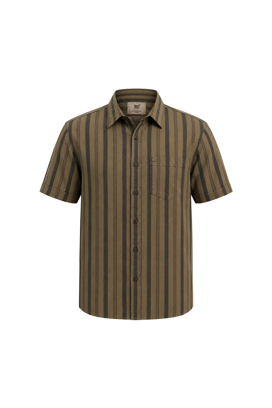 BASICS SLIM FIT KANGAROO KHAKI COTTON HERRING BONE STRIPE HALFSLEEVES SHIRT