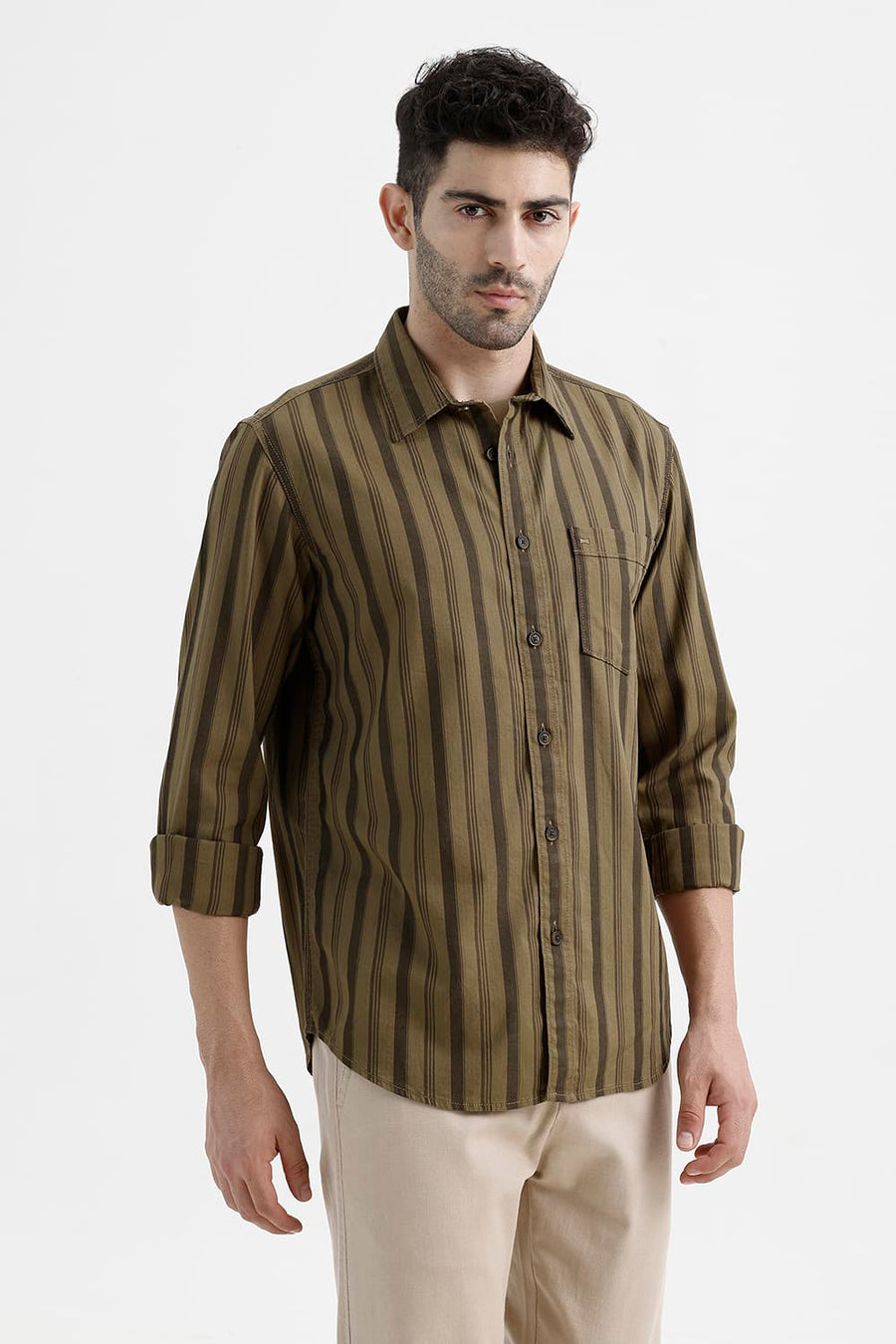 BASICS SLIM FIT KANGAROO KHAKI COTTON HERRING BONE STRIPE SHIRT