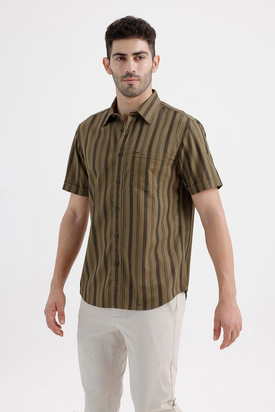 BASICS SLIM FIT KANGAROO KHAKI COTTON HERRING BONE STRIPE HALFSLEEVES SHIRT