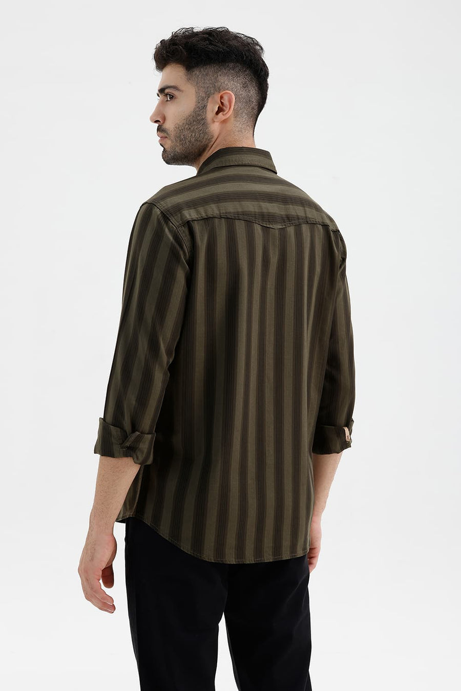 BASICS SLIM FIT LICHEN GREEN COTTON HERRING BONE STRIPE SHIRT