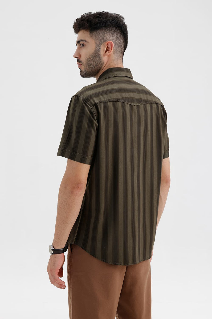BASICS SLIM FIT LICHEN GREEN COTTON HERRING BONE STRIPE HALFSLEEVES SHIRT