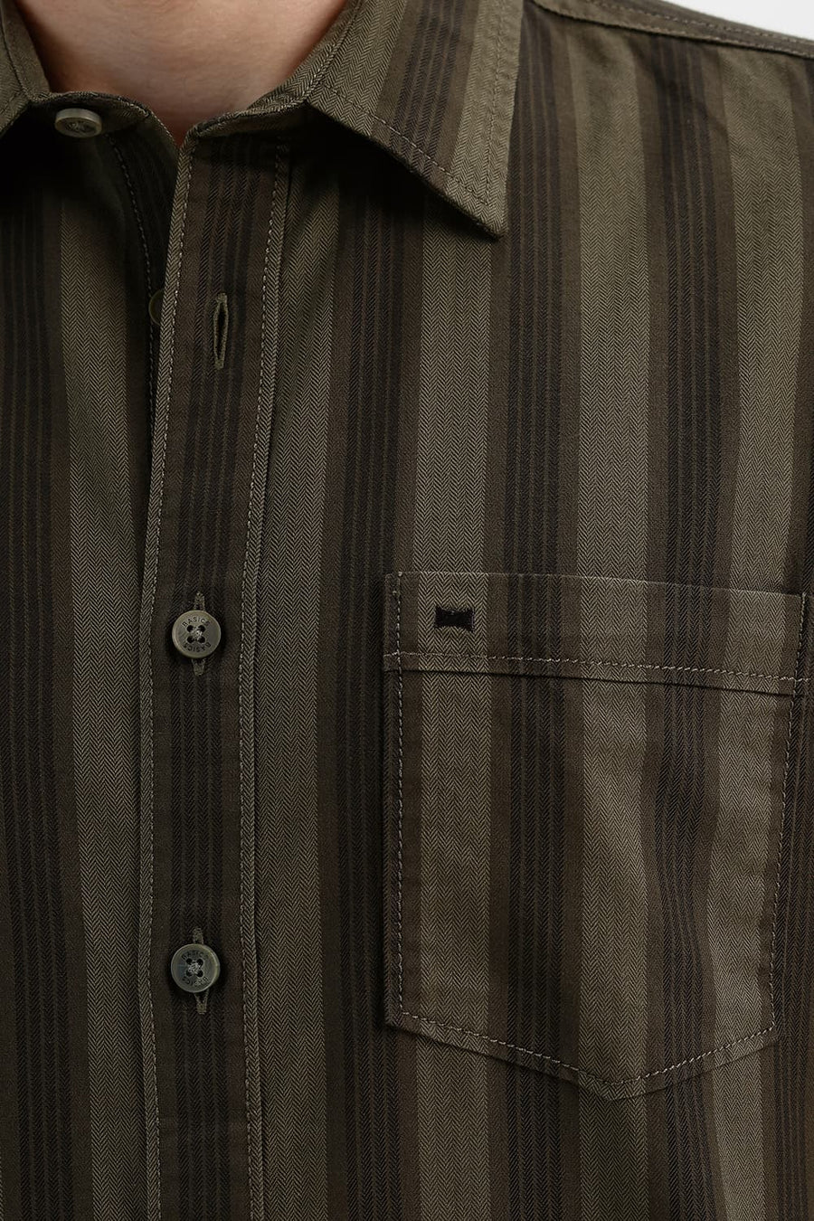 BASICS SLIM FIT LICHEN GREEN COTTON HERRING BONE STRIPE SHIRT