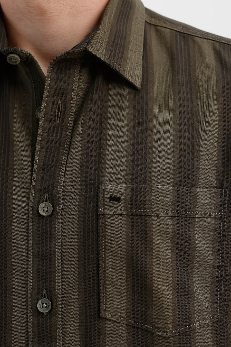 BASICS SLIM FIT LICHEN GREEN COTTON HERRING BONE STRIPE HALFSLEEVES SHIRT
