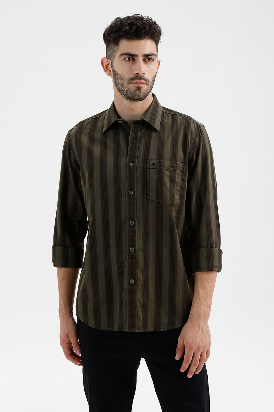 BASICS SLIM FIT LICHEN GREEN COTTON HERRING BONE STRIPE SHIRT