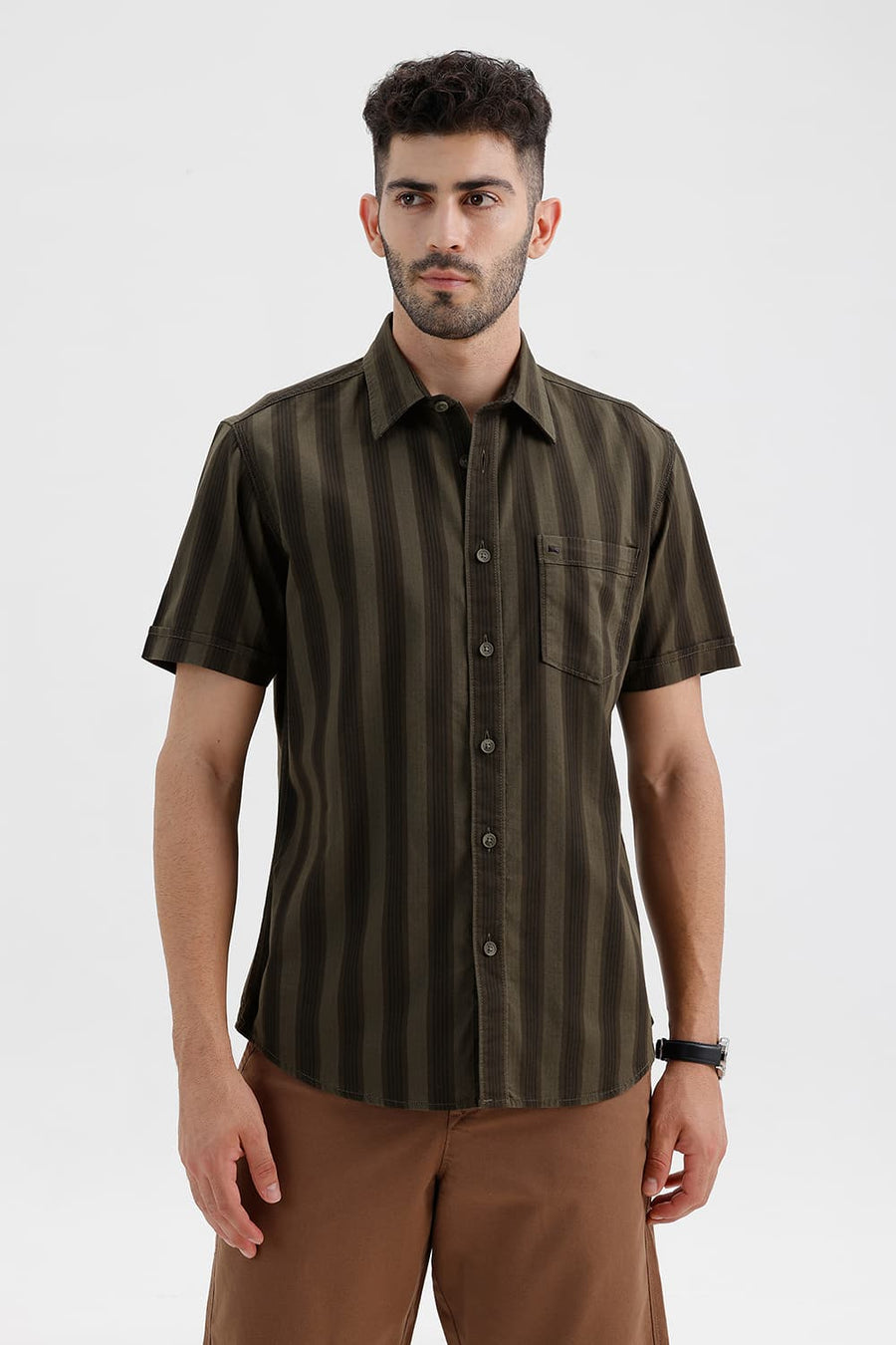 BASICS SLIM FIT LICHEN GREEN COTTON HERRING BONE STRIPE HALFSLEEVES SHIRT