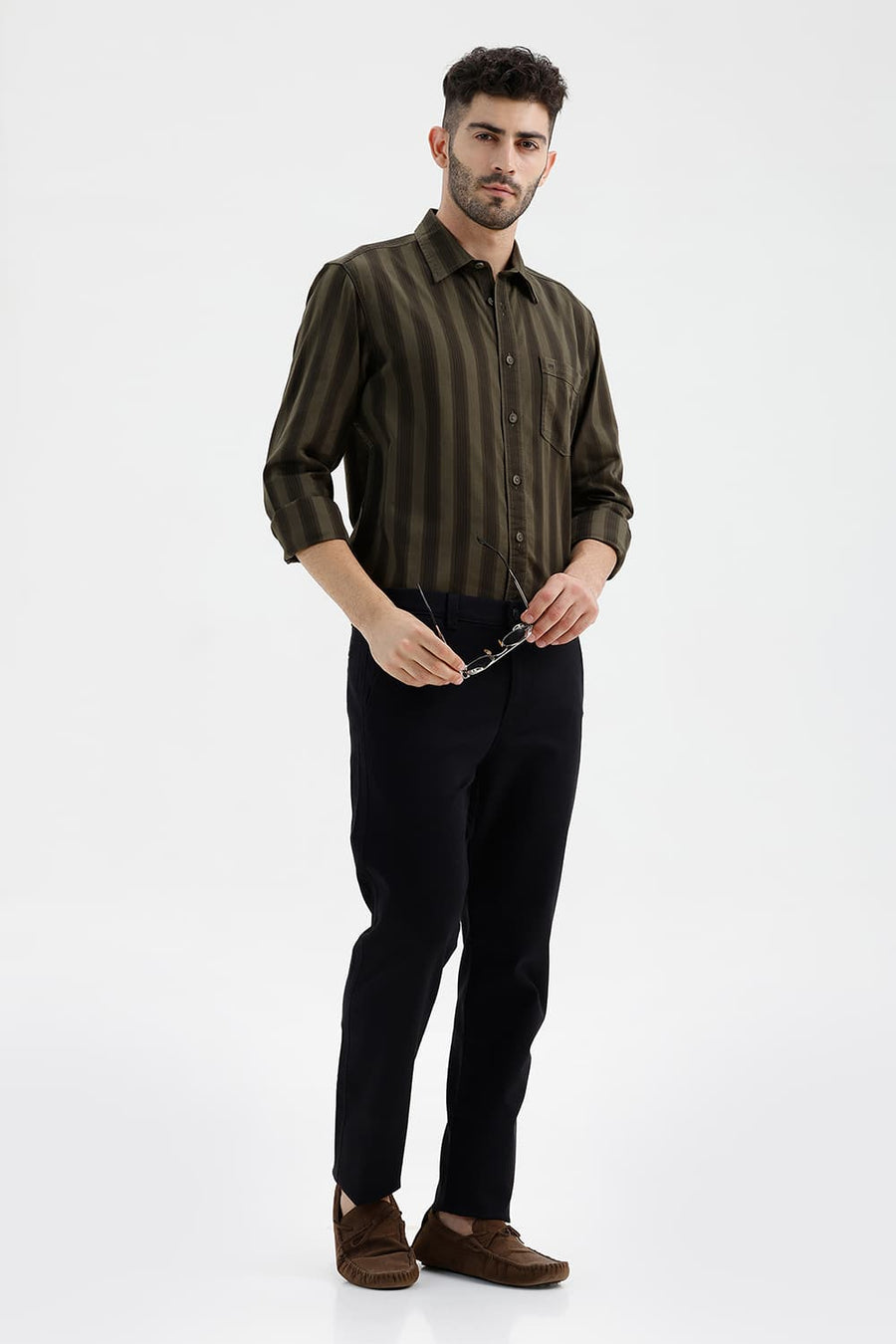 BASICS SLIM FIT LICHEN GREEN COTTON HERRING BONE STRIPE SHIRT