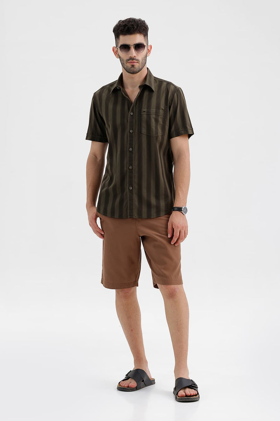 BASICS SLIM FIT LICHEN GREEN COTTON HERRING BONE STRIPE HALFSLEEVES SHIRT