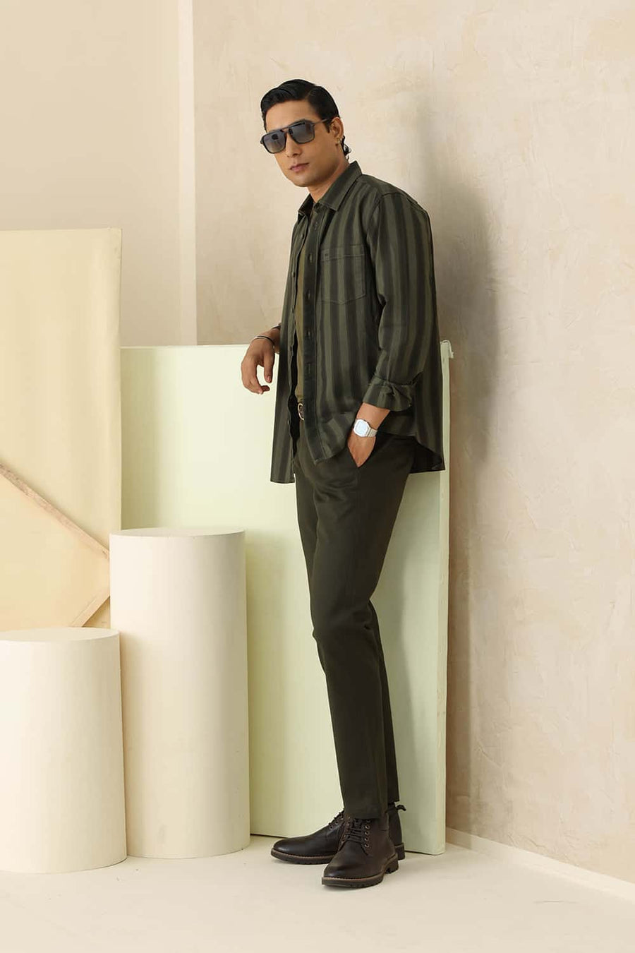 Basics Slim Fit Lichen Green Cotton Herring Bone Stripe Shirt