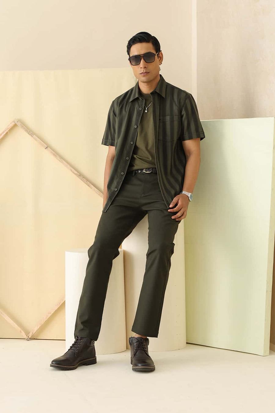 Basics Slim Fit Lichen Green Cotton Herring Bone Stripe Halfsleeves Shirt