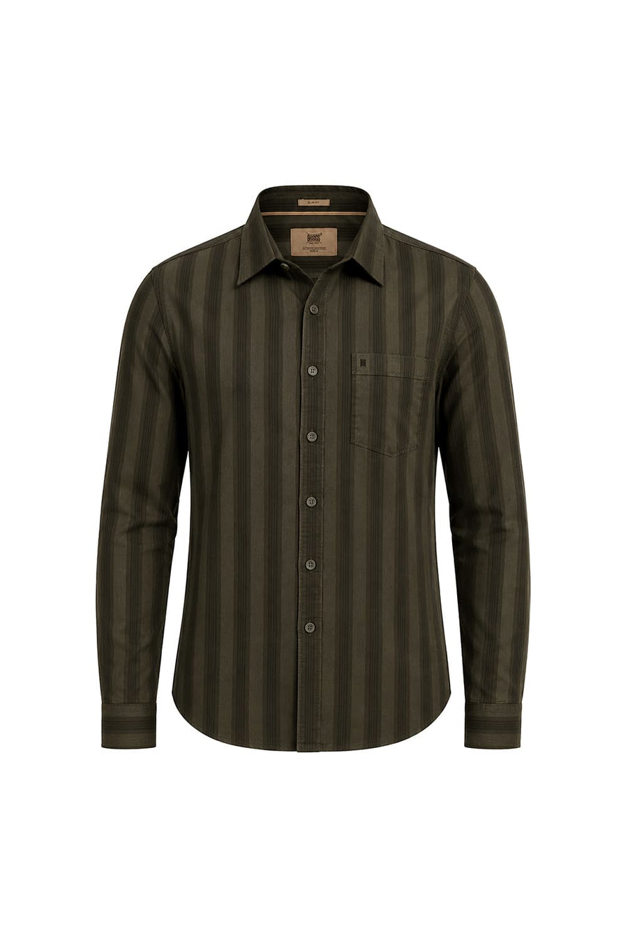 BASICS SLIM FIT LICHEN GREEN COTTON HERRING BONE STRIPE SHIRT