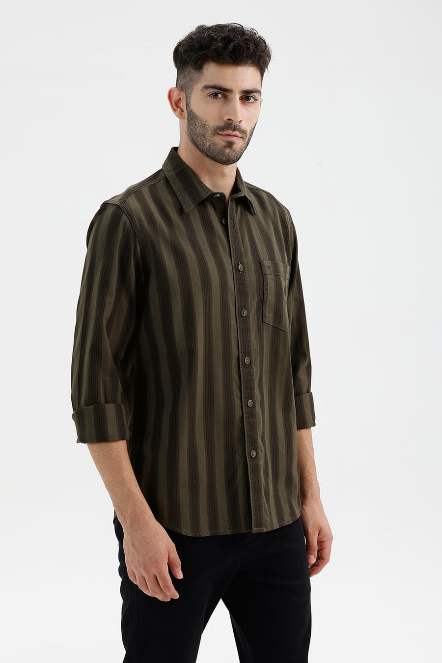 BASICS SLIM FIT LICHEN GREEN COTTON HERRING BONE STRIPE SHIRT