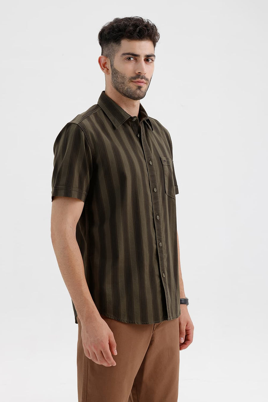 BASICS SLIM FIT LICHEN GREEN COTTON HERRING BONE STRIPE HALFSLEEVES SHIRT