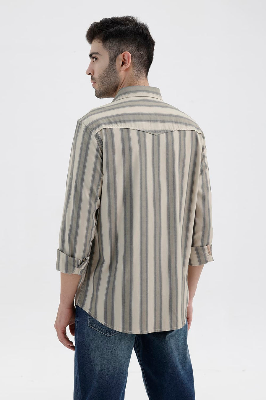 BASICS SLIM FIT PISTACHIO BEIGE COTTON HERRING BONE STRIPE SHIRT