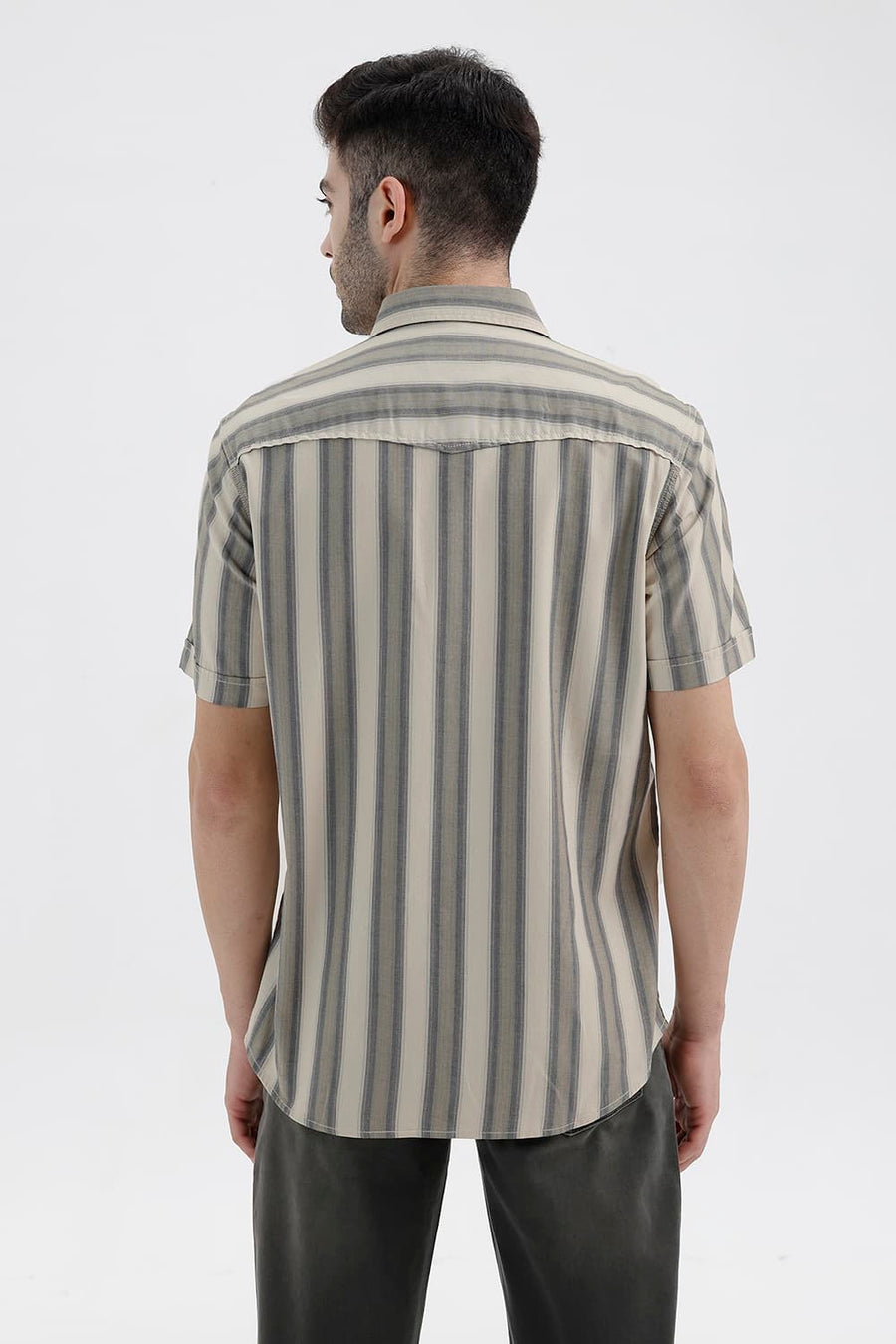 BASICS SLIM FIT PISTACHIO BEIGE COTTON HERRING BONE STRIPE HALFSLEEVES SHIRT