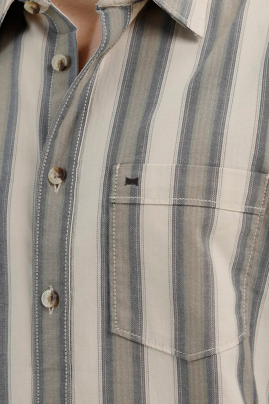 BASICS SLIM FIT PISTACHIO BEIGE COTTON HERRING BONE STRIPE SHIRT