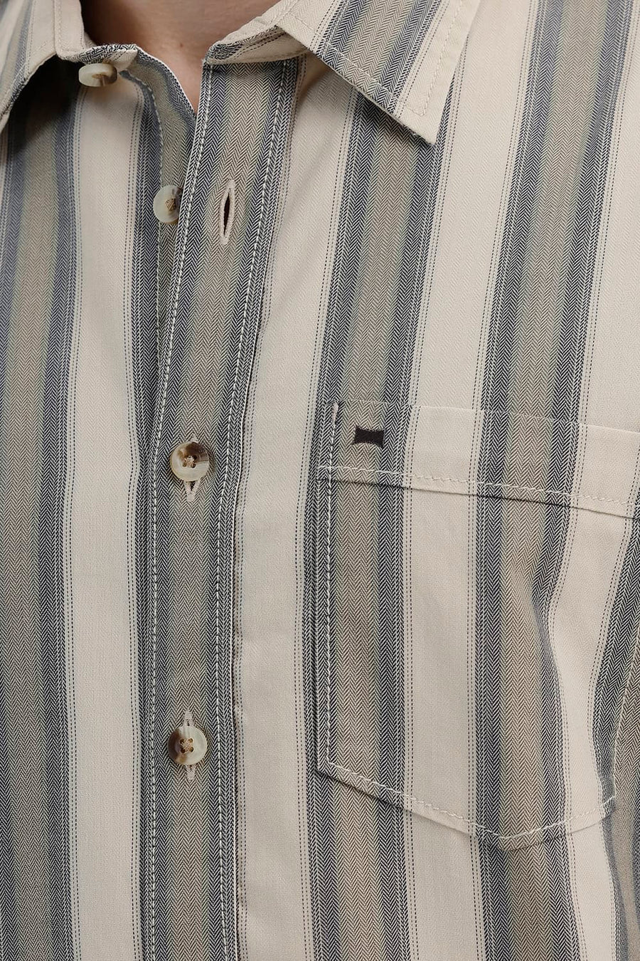 BASICS SLIM FIT PISTACHIO BEIGE COTTON HERRING BONE STRIPE HALFSLEEVES SHIRT