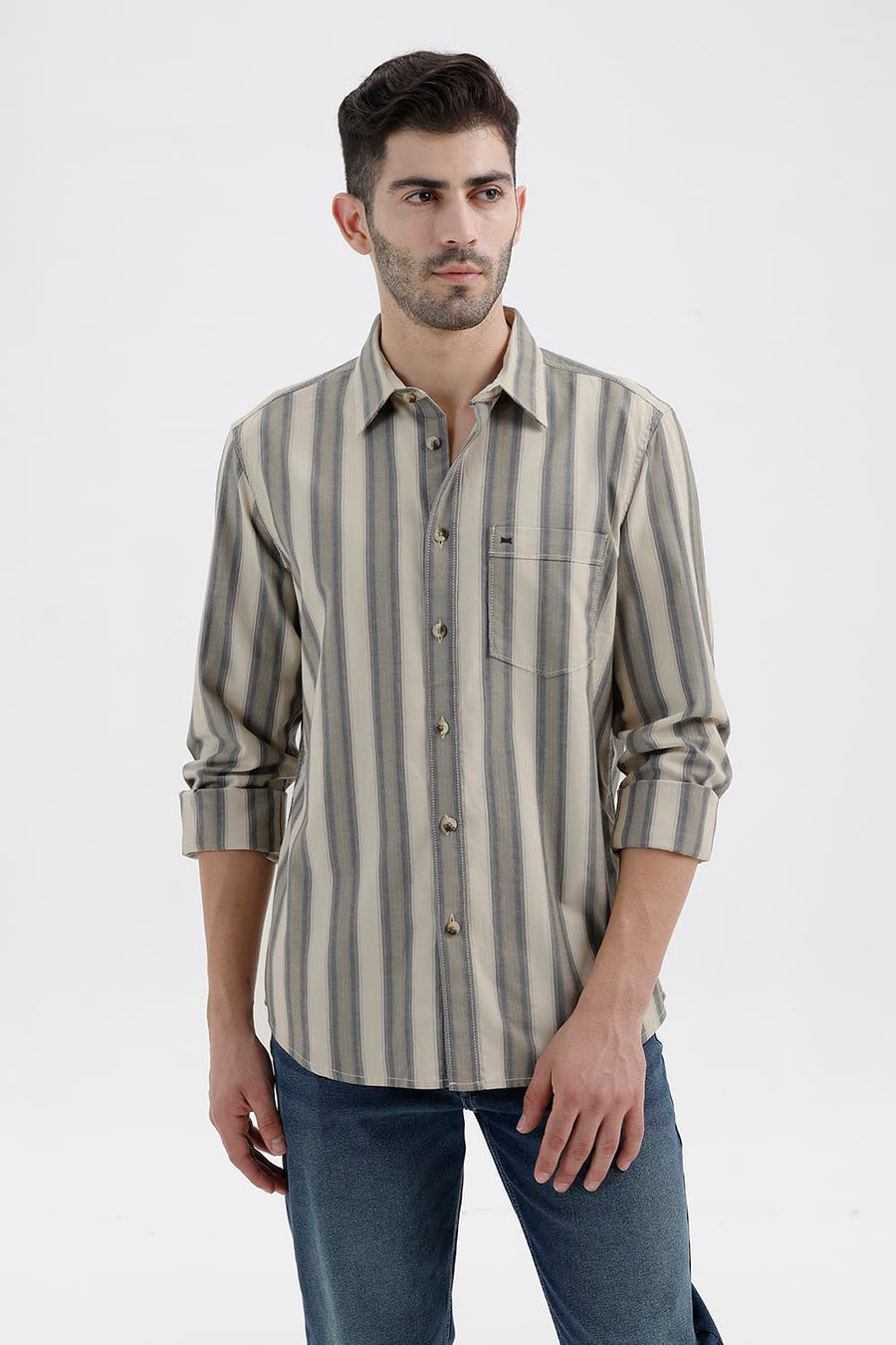 BASICS SLIM FIT PISTACHIO BEIGE COTTON HERRING BONE STRIPE SHIRT