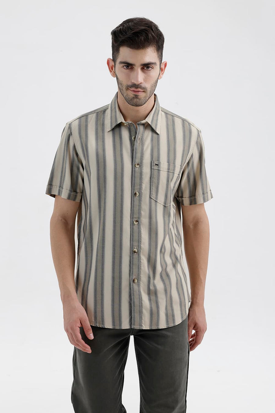 BASICS SLIM FIT PISTACHIO BEIGE COTTON HERRING BONE STRIPE HALFSLEEVES SHIRT