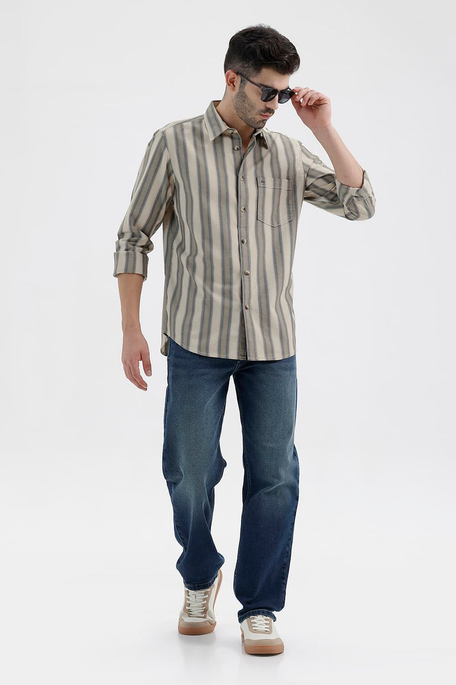 BASICS SLIM FIT PISTACHIO BEIGE COTTON HERRING BONE STRIPE SHIRT