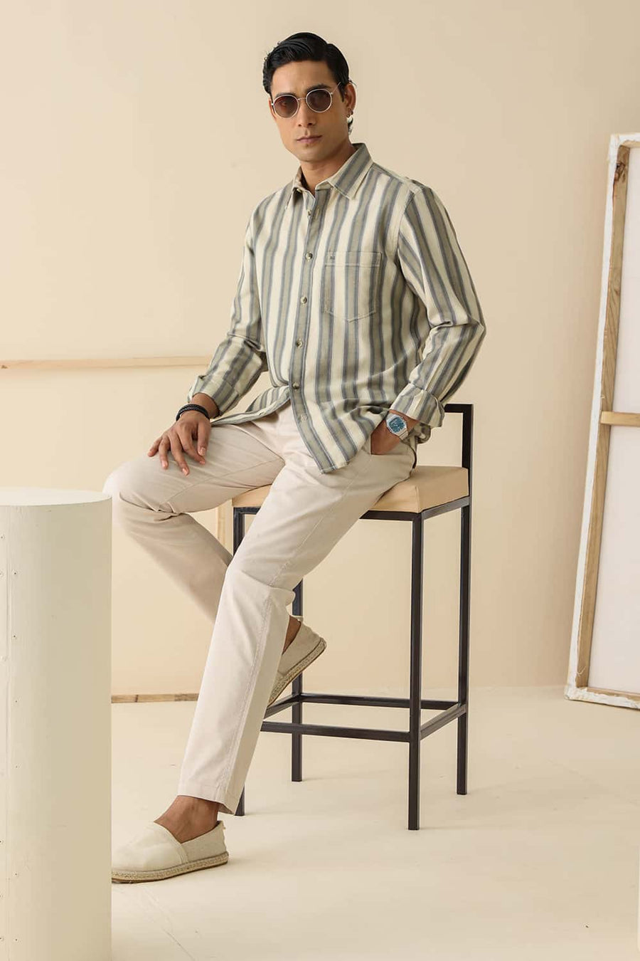 Basics Slim Fit Pistachio Beige Cotton Herring Bone Stripe Shirt