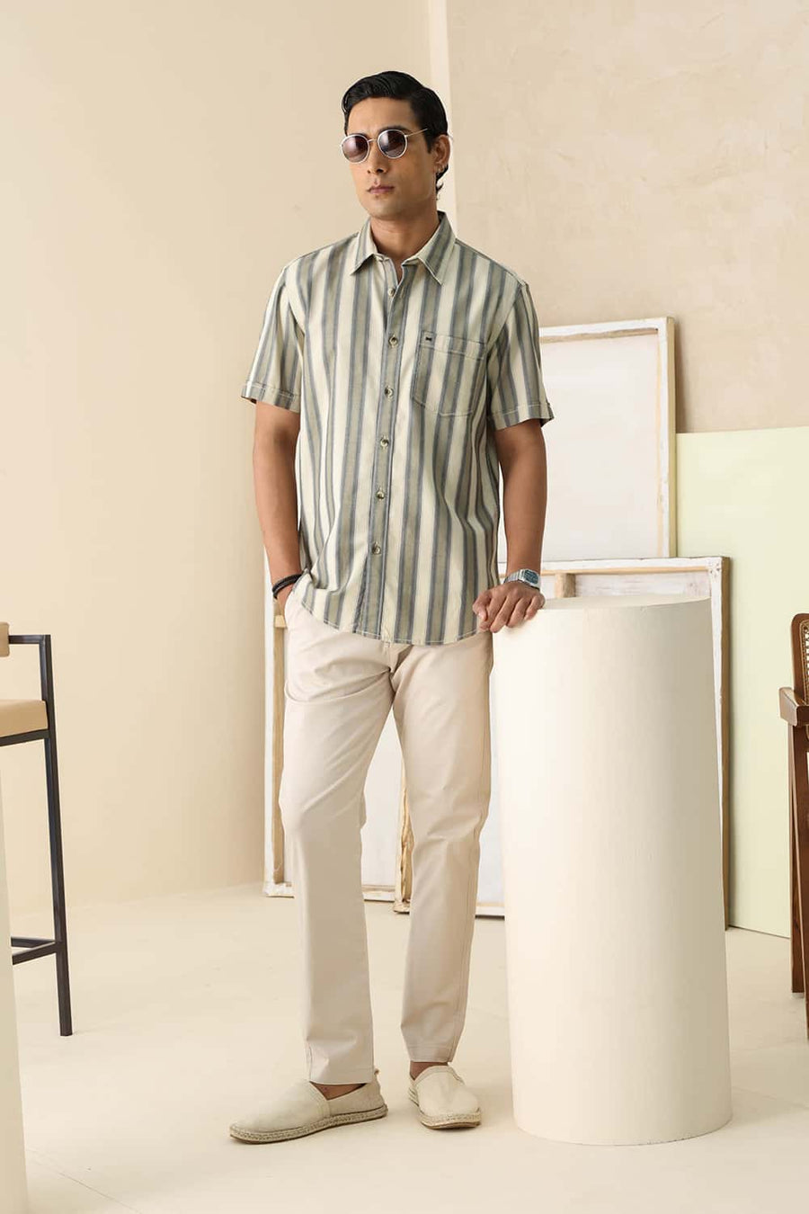 Basics Slim Fit Pistachio Beige Cotton Herring Bone Stripe Halfsleeves Shirt
