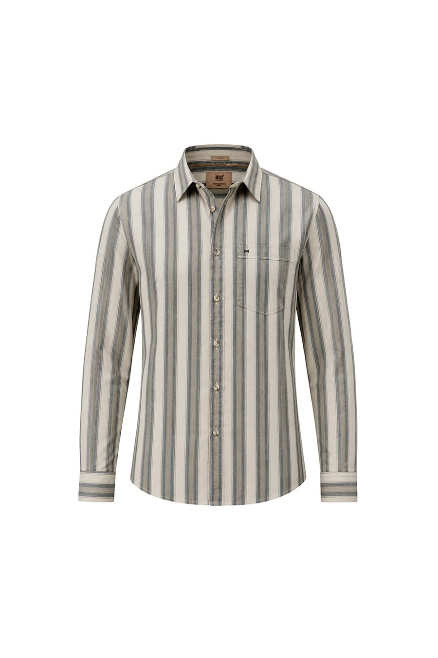 BASICS SLIM FIT PISTACHIO BEIGE COTTON HERRING BONE STRIPE SHIRT
