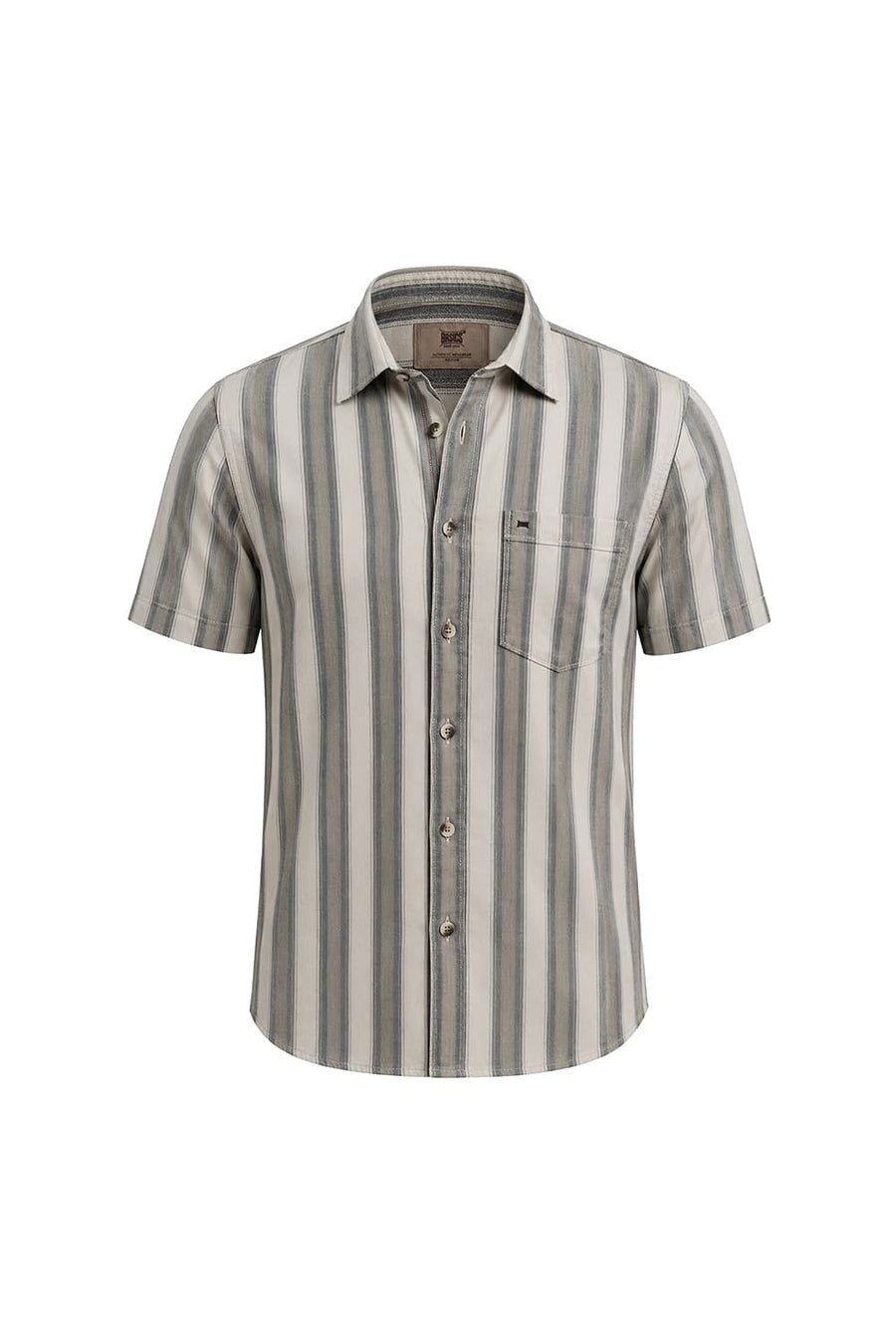 BASICS SLIM FIT PISTACHIO BEIGE COTTON HERRING BONE STRIPE HALFSLEEVES SHIRT