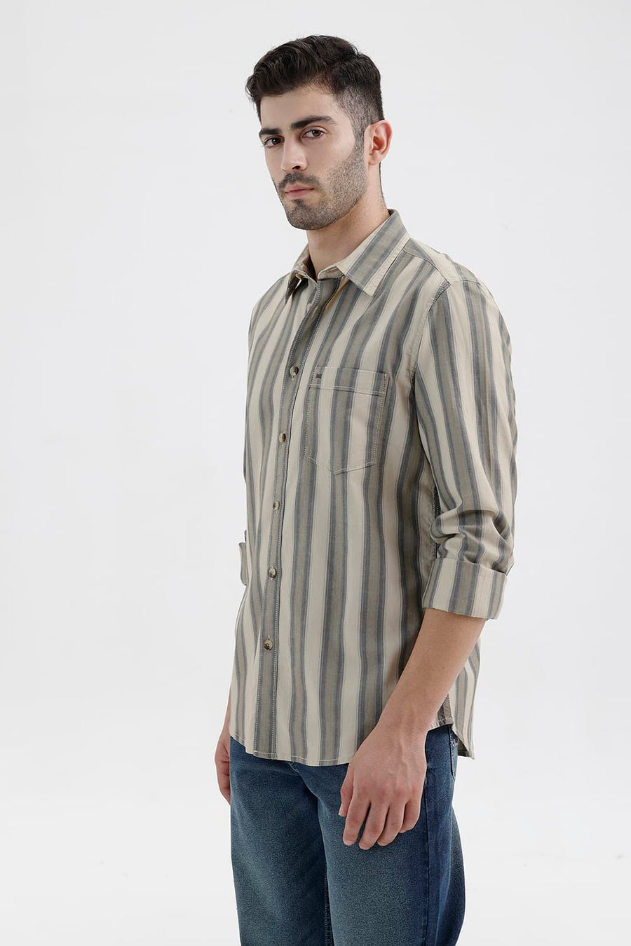 BASICS SLIM FIT PISTACHIO BEIGE COTTON HERRING BONE STRIPE SHIRT