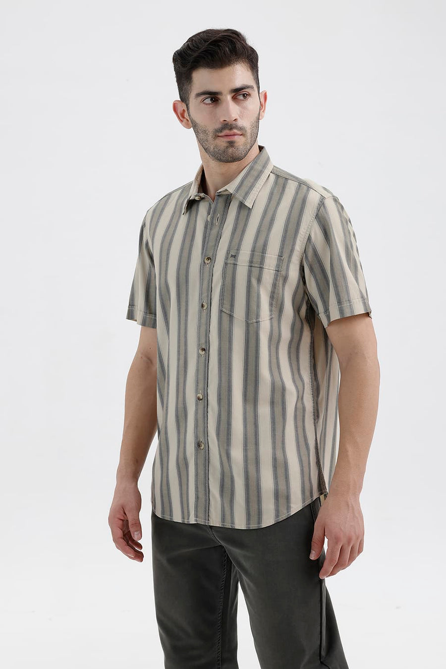 BASICS SLIM FIT PISTACHIO BEIGE COTTON HERRING BONE STRIPE HALFSLEEVES SHIRT