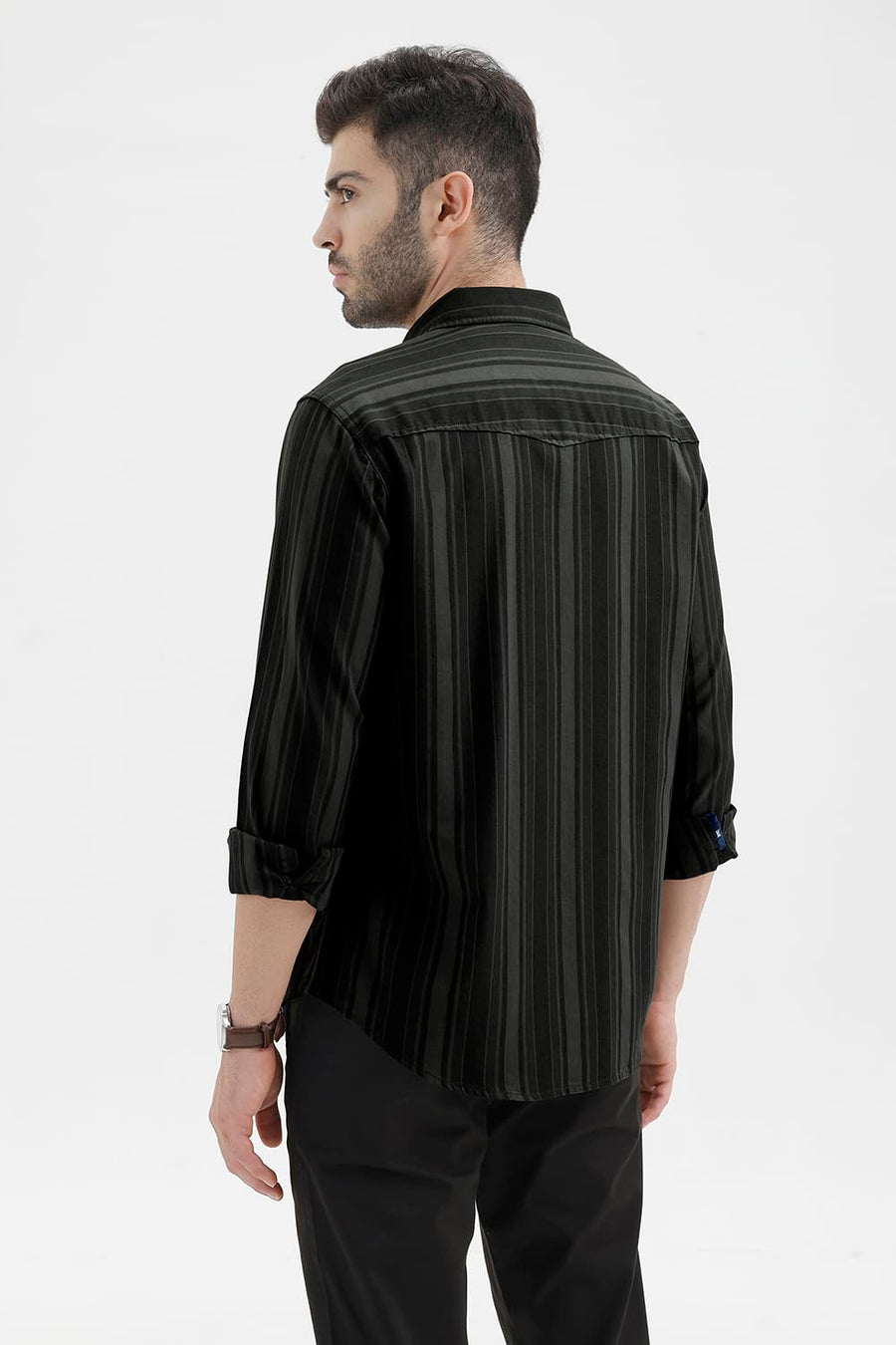 BASICS SLIM FIT BELUGA GREEN COTTON HERRING BONE STRIPE SHIRT