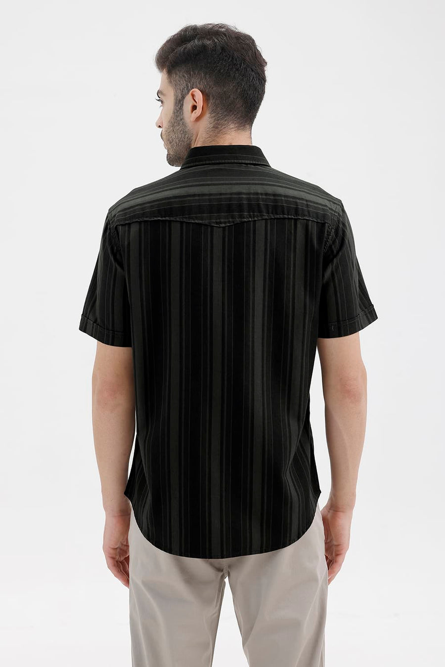 BASICS SLIM FIT BELUGA GREEN COTTON HERRING BONE STRIPE HALFSLEEVES SHIRT