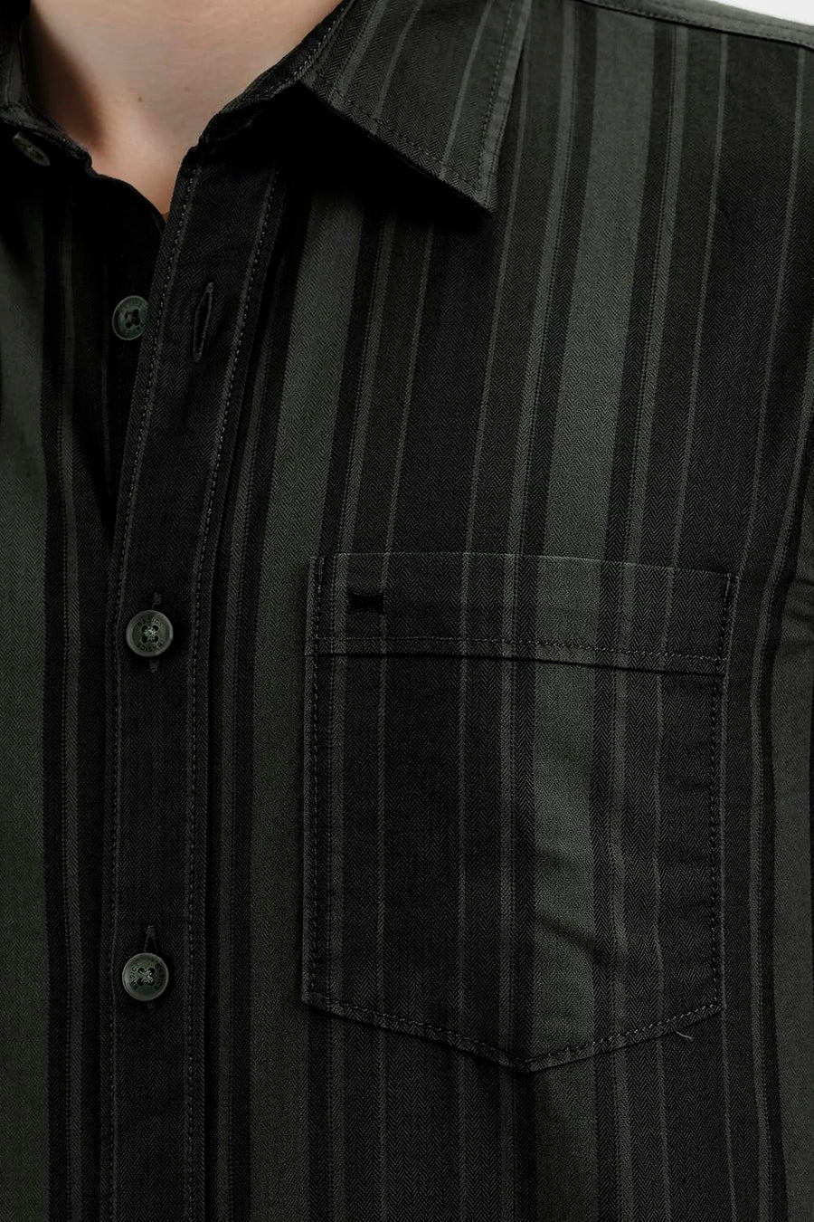 BASICS SLIM FIT BELUGA GREEN COTTON HERRING BONE STRIPE SHIRT