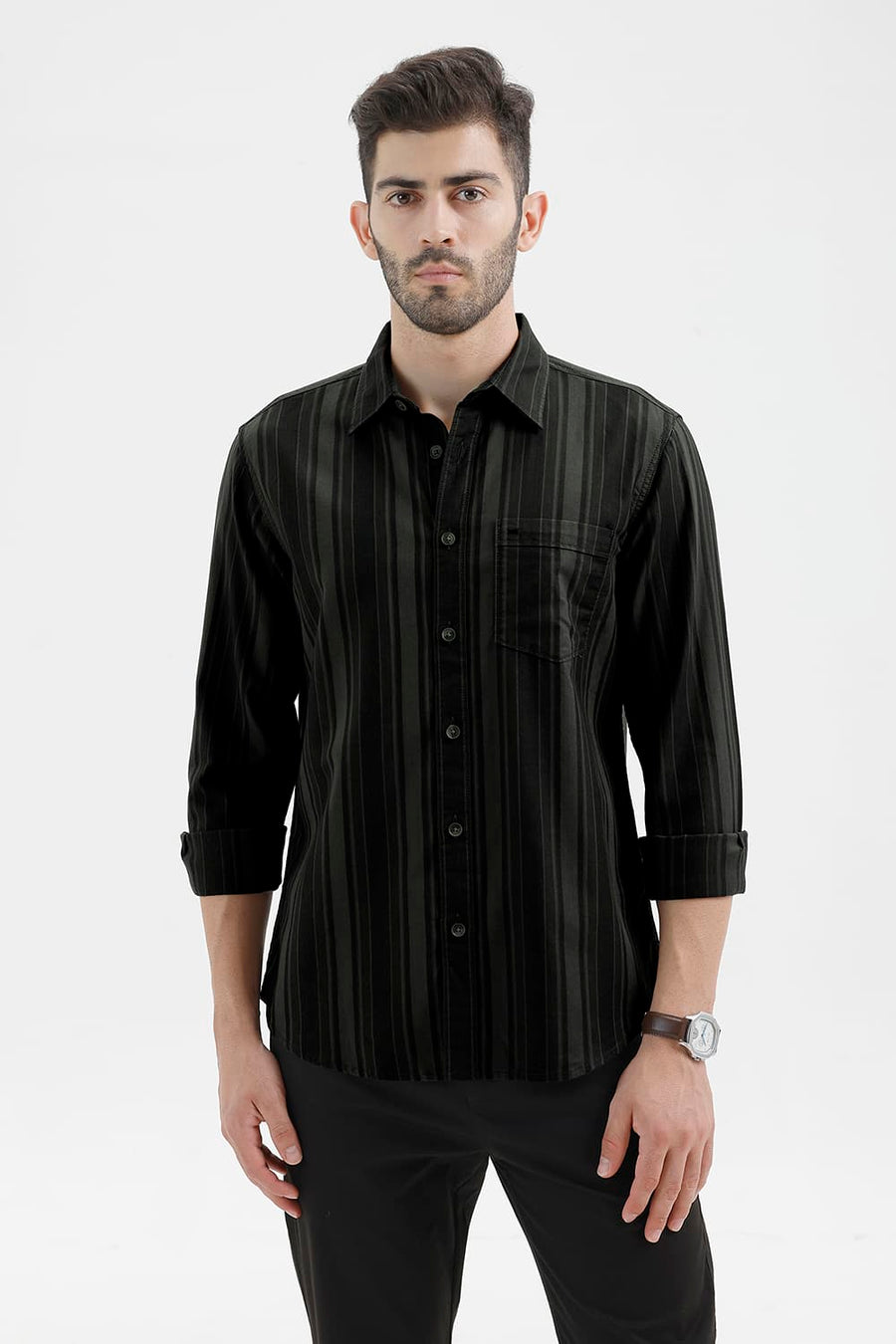 BASICS SLIM FIT BELUGA GREEN COTTON HERRING BONE STRIPE SHIRT