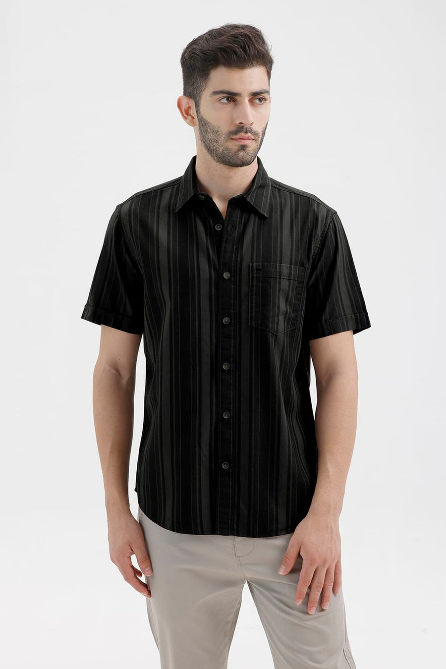BASICS SLIM FIT BELUGA GREEN COTTON HERRING BONE STRIPE HALFSLEEVES SHIRT