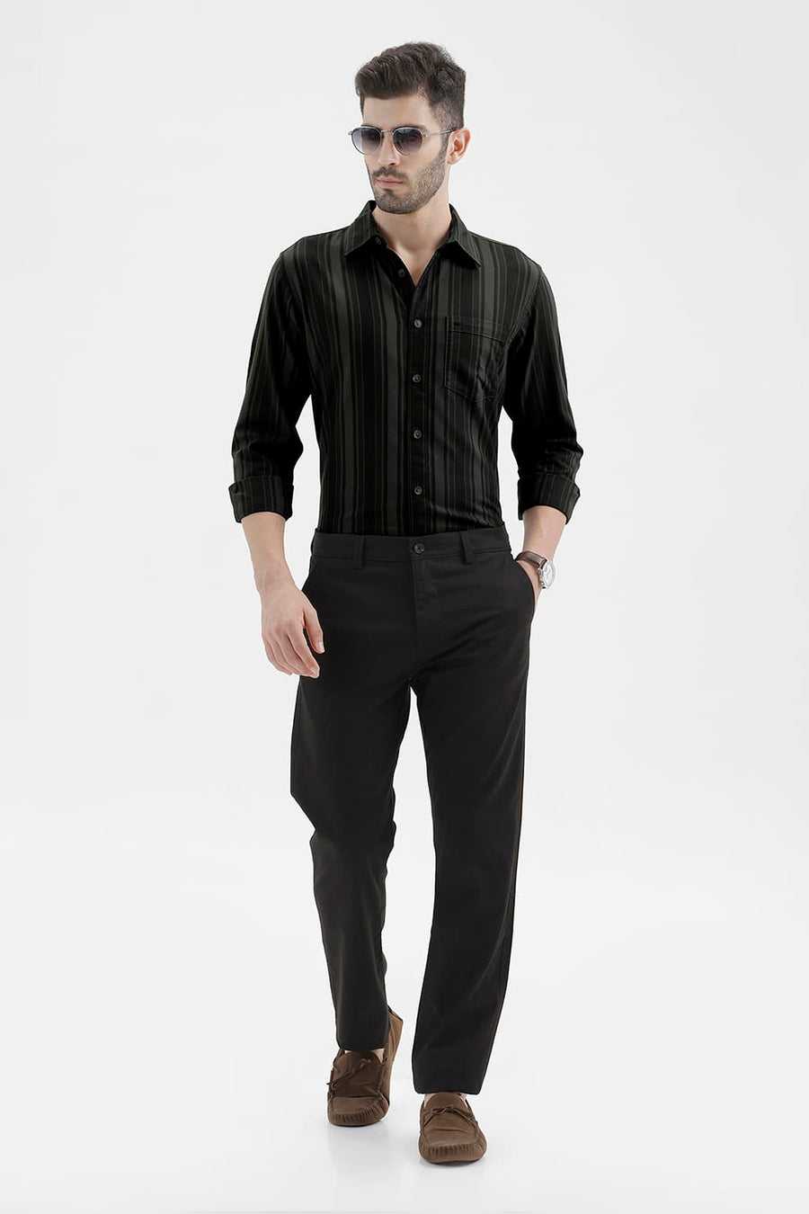 BASICS SLIM FIT BELUGA GREEN COTTON HERRING BONE STRIPE SHIRT