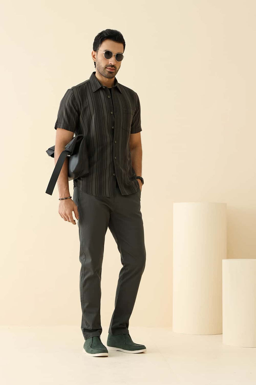 Basics Slim Fit Beluga Green Cotton Herring Bone Stripe Halfsleeves Shirt