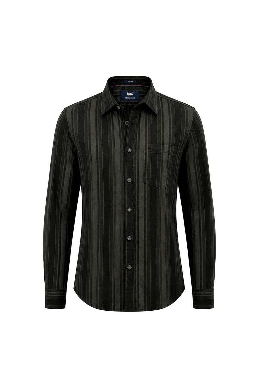 BASICS SLIM FIT BELUGA GREEN COTTON HERRING BONE STRIPE SHIRT