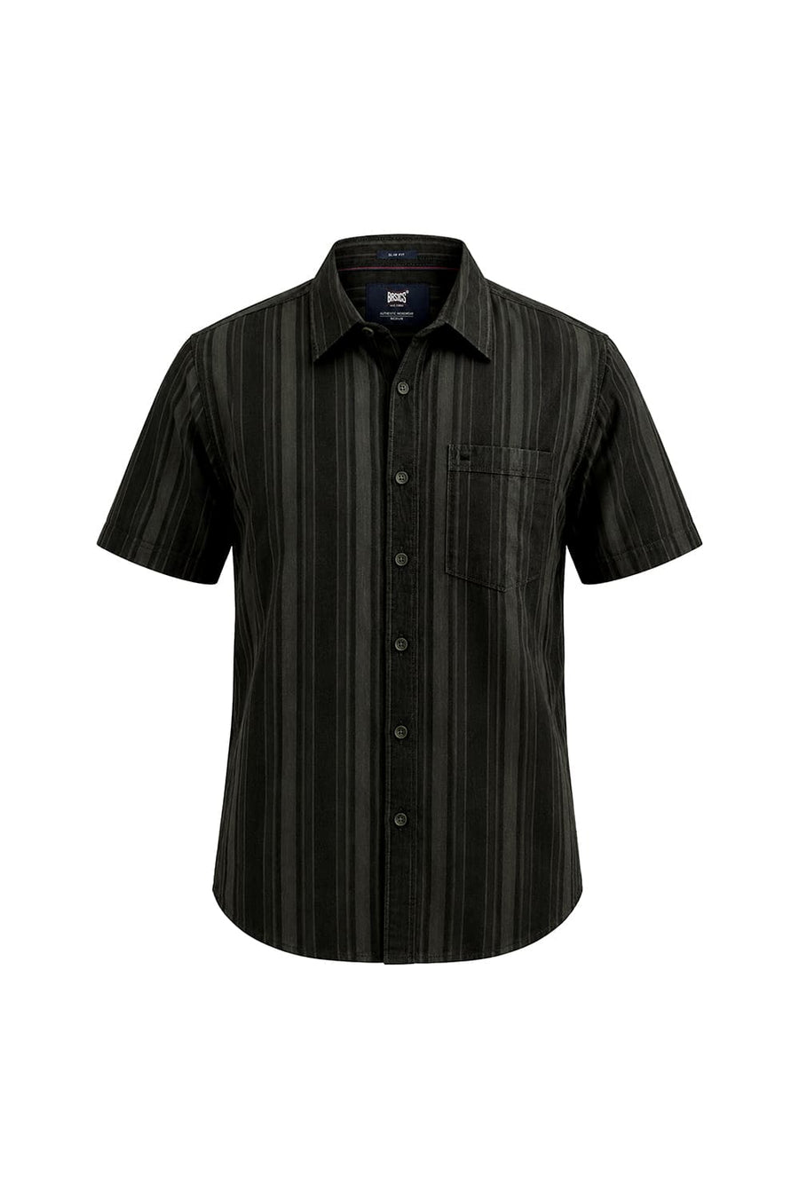 BASICS SLIM FIT BELUGA GREEN COTTON HERRING BONE STRIPE HALFSLEEVES SHIRT