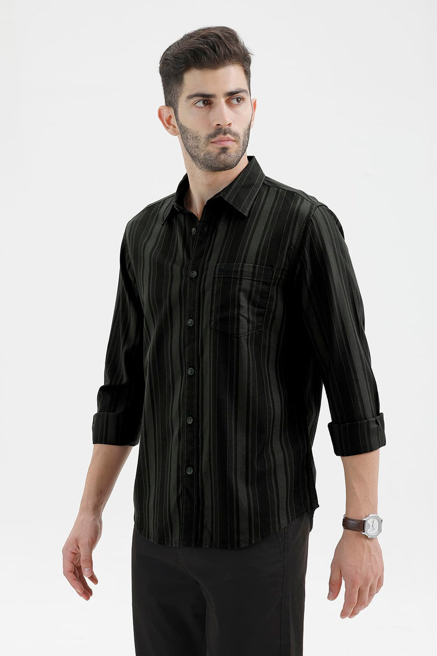 BASICS SLIM FIT BELUGA GREEN COTTON HERRING BONE STRIPE SHIRT